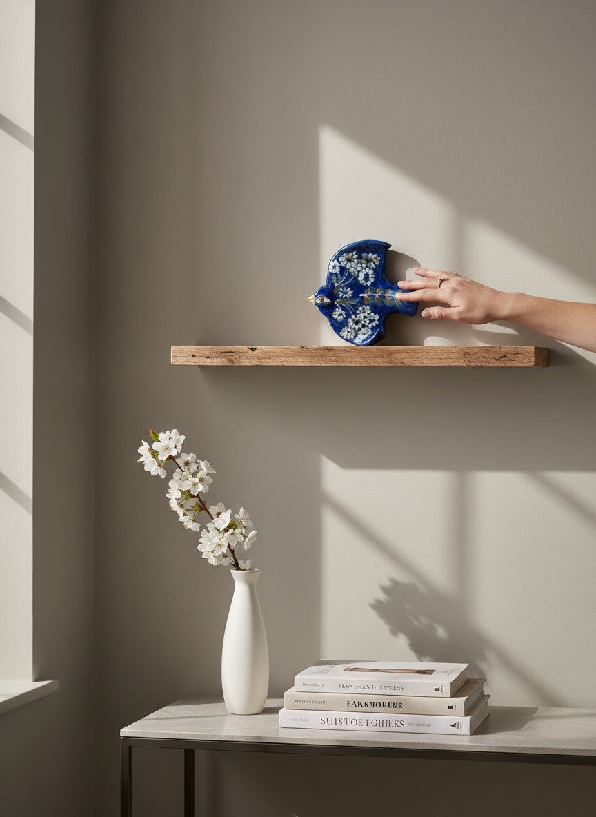 etailed view of a handmade ceramic bird sculpture made from Belgian Sibelco stoneware, wall-mounted interior art