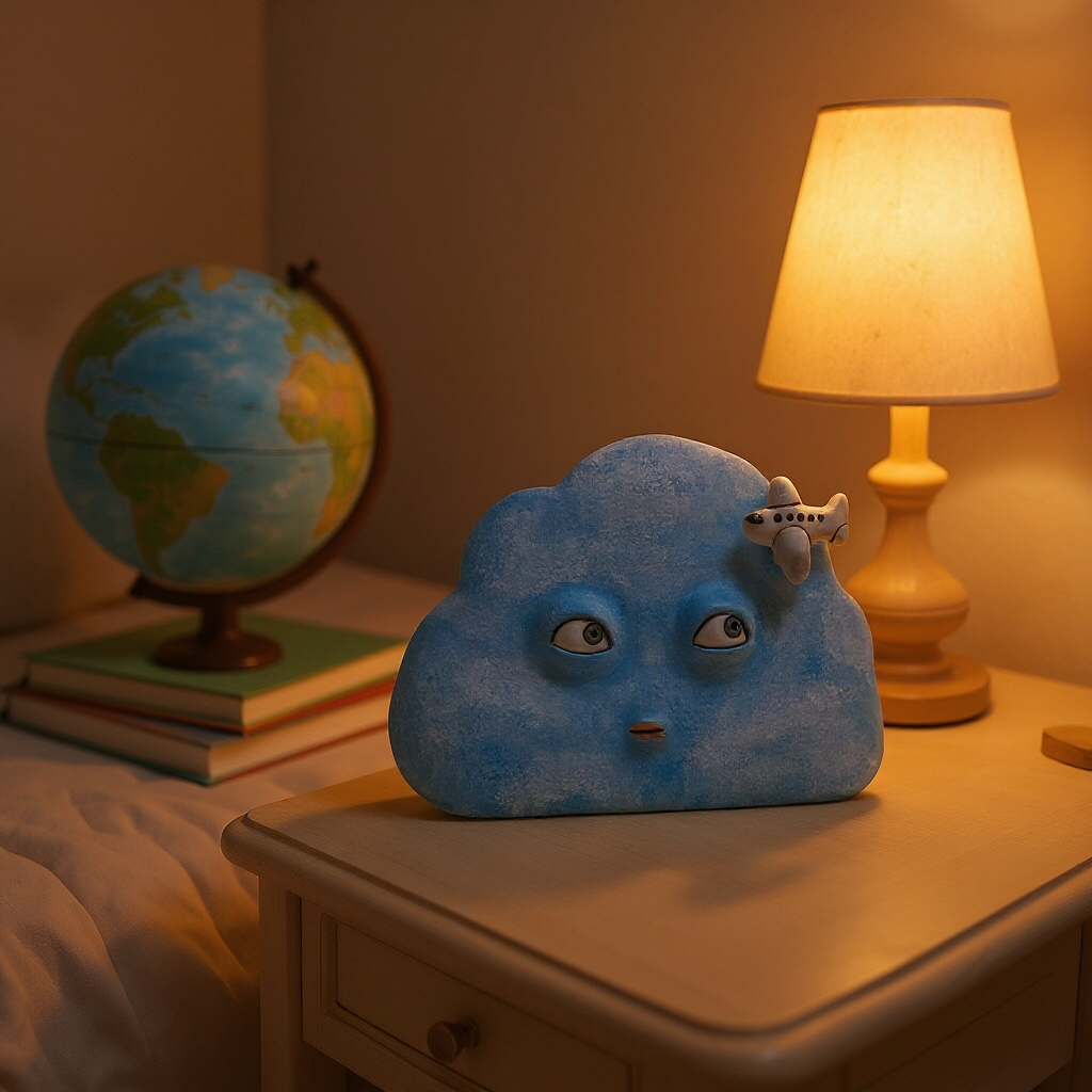 Detailed view of a handmade cloud ceramic mask with expressive eyes and textured blue finish, 24x20cm.
