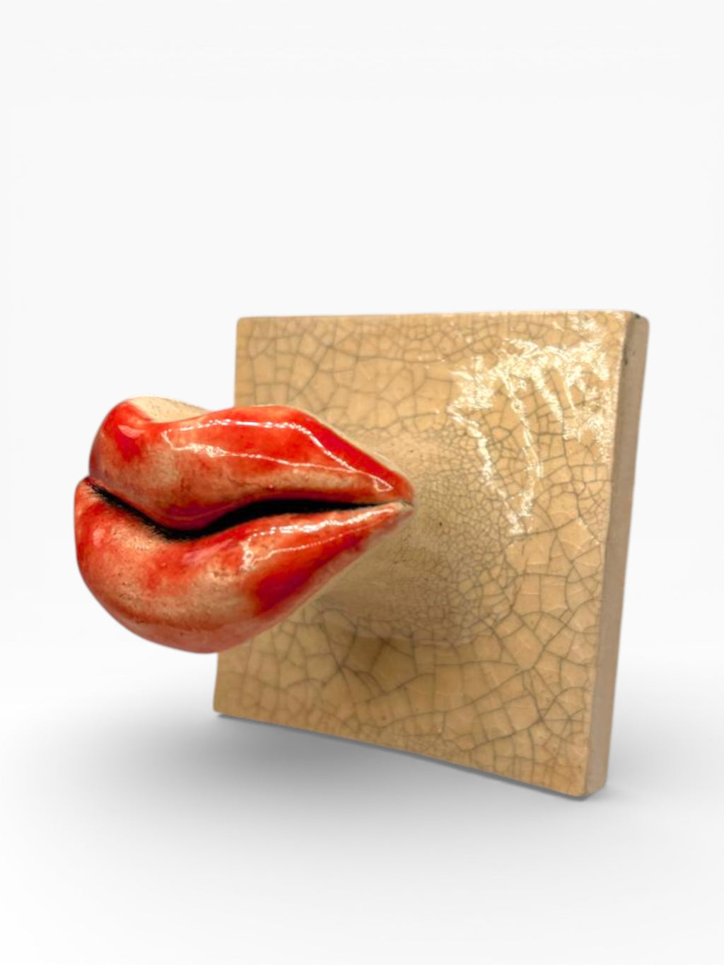Detailed view of a unique ceramic lips hook for clothes showing textured artisanal finish and Kannyu technique, 10x10cm