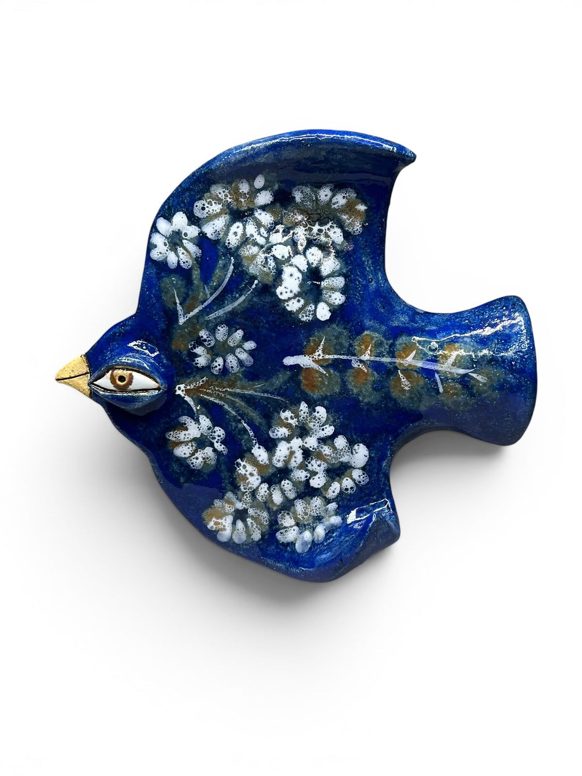 Artisan ceramic bird wall decor inspired by LKSF style, deep blue glaze with white floral hand-painted patterns, 22x22cm.