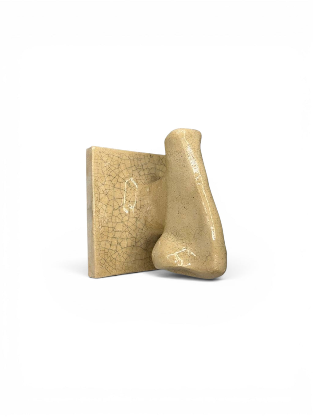 Artisan ceramic wall hook in the shape of a nose with Kannyu crackle glaze, handcrafted from Belgian Sibelco stoneware