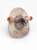 Artisan ceramic wall mask of a pigeon with detailed feather texture, made from Belgian Sibelco stoneware and German Terra Color glazes.
