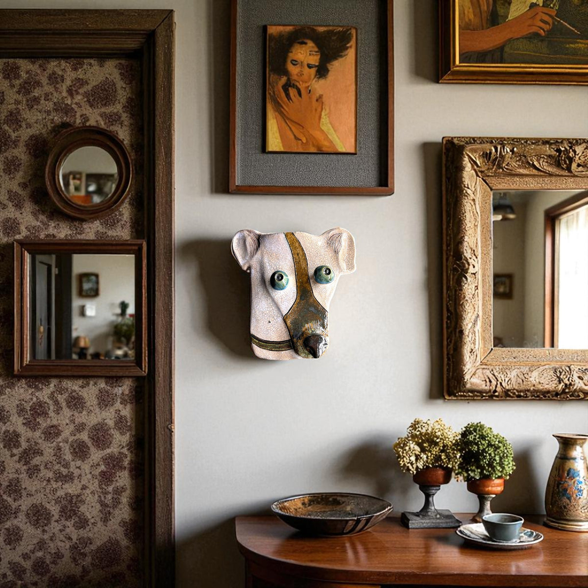 "Dog" Ceramic Wall Mask Sculpture – Handmade (Kannyu Technique)