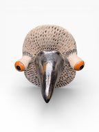 Close-up of a handmade ceramic bird mask showing expressive eyes and textured artisanal finish, size 20x15cm