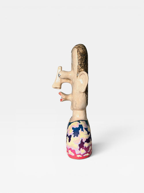 Side profile view of the large handcrafted ceramic bust Cloud Man (42x28x17 cm) showing protruding facial features, crackle glaze finish, and painted cloud torso. 1