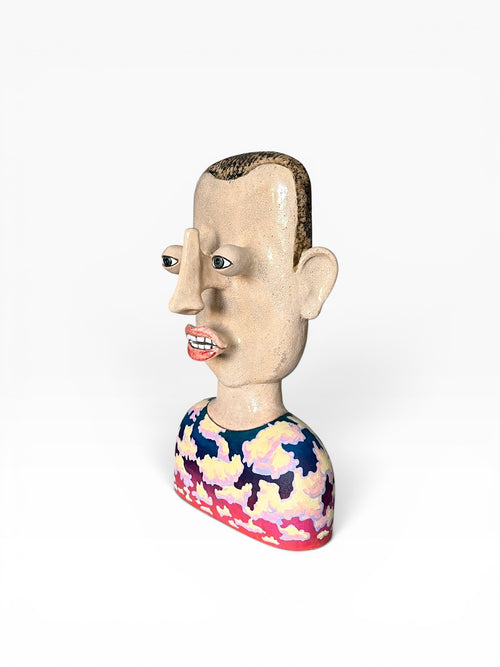 Side profile view of the large handcrafted ceramic bust Cloud Man (42x28x17 cm) showing protruding facial features, crackle glaze finish, and painted cloud torso.