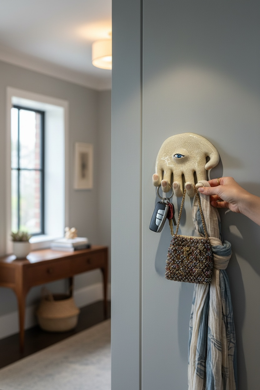 ide profile view of the ceramic wall hook Eye Hand mounted on a interior wall holding a linen scarf and a set of keys